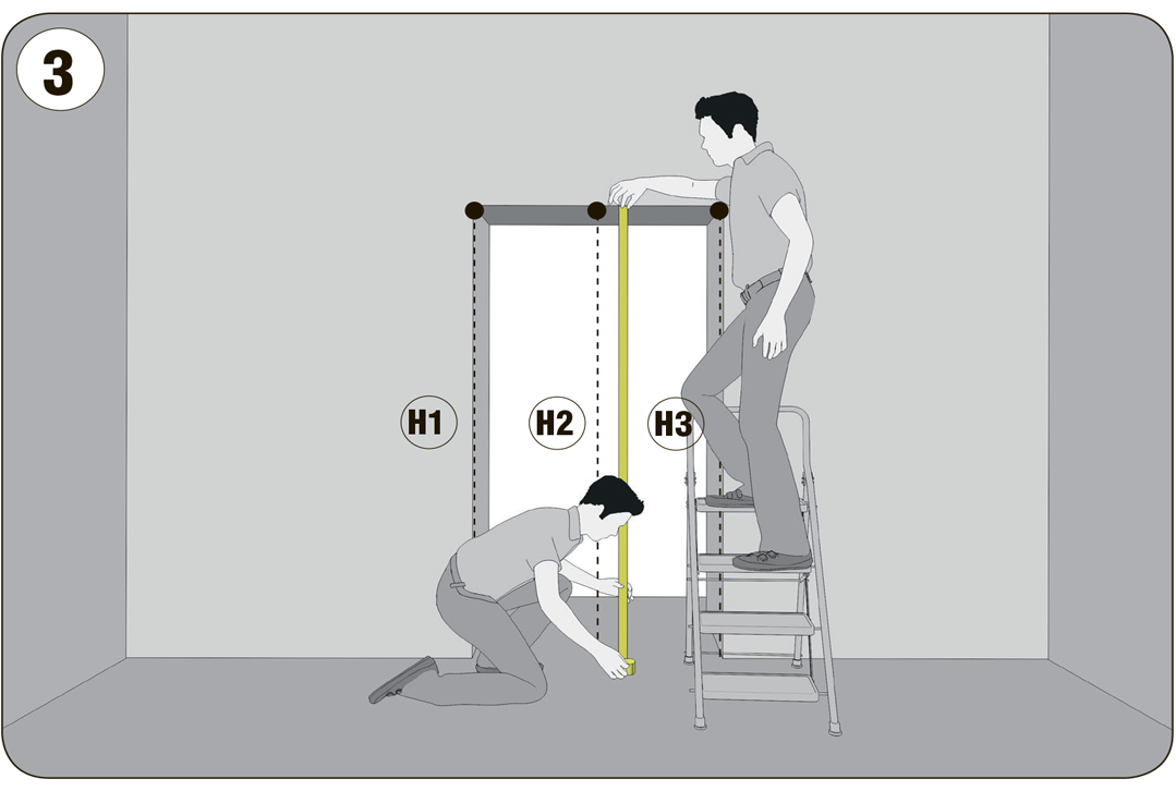 Шаг 3. Замерьте высоту проема (H) от выведенного, чистого пола. Для правильного замера необходимо знать точное положение нулевой отметки. Запишите минимальное значение.